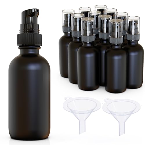 12Pack 2oz Black Glass Pump Bottles, 60ml with Black Pump, Empty Refillable Travel Small Container For Lotion Cream Essentil Oil Shampoo (60mlpumpBLK)