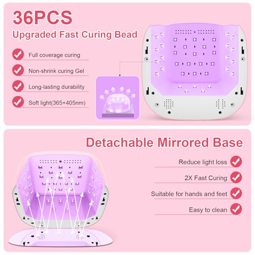 Cordless UV LED Nail Lamp, 80W Rechargeable Nail Dryer with 4 Timers, Atmosphere Light & Mirror Base, UV Light for All Gel Nails, Ideal for Training,Nail Art Practice,Home & Salon Use (Pink)