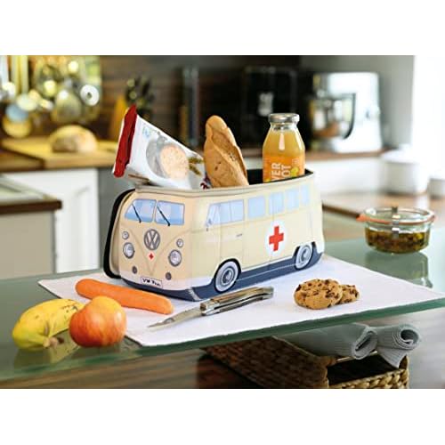 BRISA VW Collection - Volkswagen Neoprene Universal Makeup Cosmetics Toiletry Travel Pharmacy Bag in T1 Bus Design (Ambulance/Beige) (Large (11.8 x 5.5 x 4.7 inches))