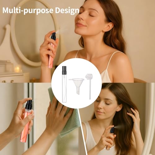 50 Pcs 10 ml Perfume Bottles - Refillable Glass Mini Spray Bottles, Portable Travel Sample Containers, Fine Mist Atomizers with Caps, Includes 2 Funnels and 2 Dispensers, Ideal for Liquids, Black