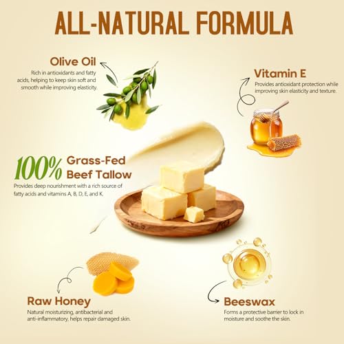 Beef Tallow for Skin, Beef Tallow and Honey Balm, 100% Organic Grass-Fed Beef Tallow, Face & Body Moisturizer for Dry, Cracked, Sensitive Skin - Handmade - Natural Formula (4 Oz, Unscented)