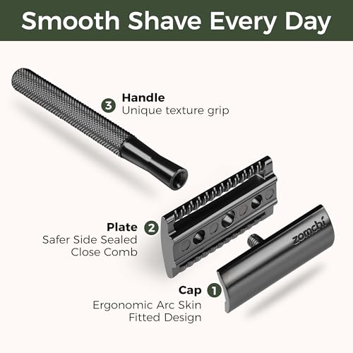 ZOMCHI Safety Razor for Men with 5 Double Edge Safety Razor Blades, One Blade Safety Razor, Metal Razor Zero Waste ? Black