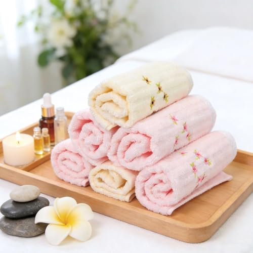 Jacquotha Bathroom Washcloths Face Towels 12 Pack, Floral Embroidered, Cotton, Pink & Cream 13¡± x 13"