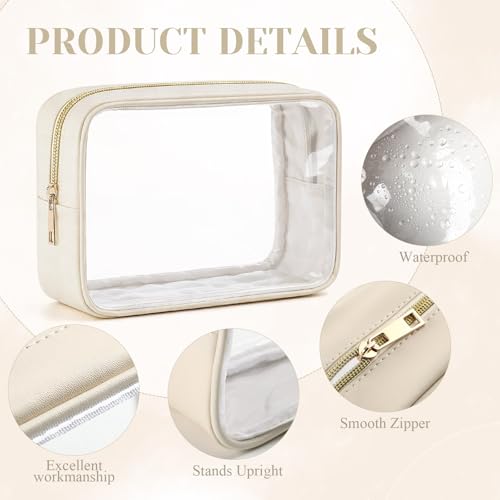 Abbylike 10 Pcs Clear Makeup Bags Bulk PU Leather Portable Travel Cosmetic Case Tsa Approved Toiletry Bags with Zipper Car Console Organizer Waterproof Makeup Pouch for Girl Women Travel (Light Beige)
