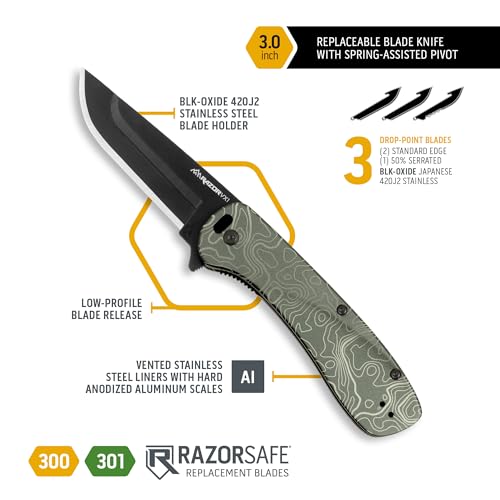 OUTDOOR EDGE RAZOR VX1 | Topo Map Etching | Replaceable Blade EDC Folding Pocket Knife | 3" Stainless Blade, Green Anodized Aluminum Handle, Reversible Pocket Clip | Cool Knife for Men