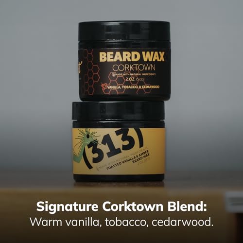 Detroit Grooming Co. Beard Wax ? All-Natural, Strong Hold with Sweet Almond & Sunflower Oil, Vitamin E ? Corktown Scent (Vanilla, Tobacco, Cedarwood) ? 2oz