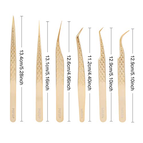 FEITA Eyelash Extension Tweezer Set Gold Lash Applicator Tool - Precision Lashes Diamond Grip Tweezers for 2D-6D Volume & Individual Eyelashes Extensions Supplies (6Pcs)