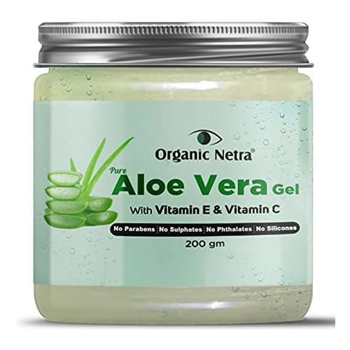 Organic Netra Pure Aloe Vera Gel with Vitamin C & E for Skin, Face and Hair | Helps to Repair and Smoothens Hair | Relax and Renew Your Skin and Scalp | Paraben Free & Sulphate Free - 7.05 Oz