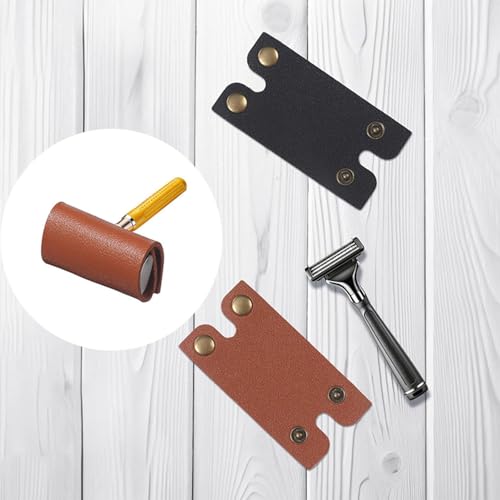 2 Pack Safety Razor Head Protecting Leather Cover Protective Travel Case with Snap Buttons Safety Razor Blade Guard Protector for Double Edge Safety Razor Single Blade Razors