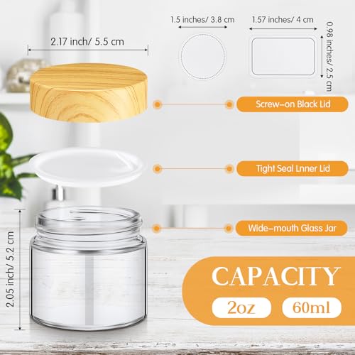 Layhit 12 Pcs 2oz/ 60ml Glass Jars with Lids Clear Small Jars with Plastic Woodgrain Lids, White Labels and Inner Liners Empty Round Cosmetic Containers for Creams Lotions Candle Making (Clear)