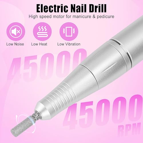 HZXINGWANG Professional 45000 RPM Portable Nail Drill & Electric Nail File for Acrylic Nails, Gel Polish Removal ? Rechargeable with 6 Drill Bits Kit for Home & Salon Use (Purple)