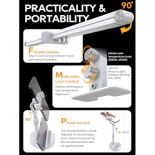 Portable Desk Lamp for Nail Tech, 3 Color Temperature, 4000-6000K Brightness Adjustable LED Nail Light for Desk