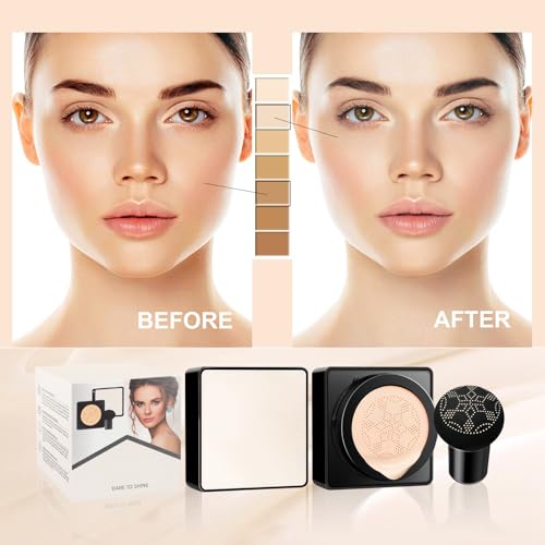 Air Cushion CC Cream Mushroom Head - Moisturizing & Oil Control Screw Lid Concealer Makeup Base, Primer Liquid Foundation Long Lasting with Mushroom Makeup Sponges for All Skin Types (Natural)