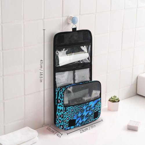 Hanging Toiletry Bag for Women Blue Leopard Butterfly Print Makeup Bag Travel Essentials Toiletries Organizer Bag Cheetah Print Cosmetic Bag Foldable
