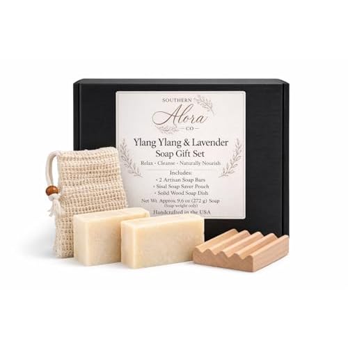 Ylang Ylang & Lavender Soap Gift Set ? Handmade Soap Bars with Sisal Soap Saver & Wood Soap Dish, Gift Ready