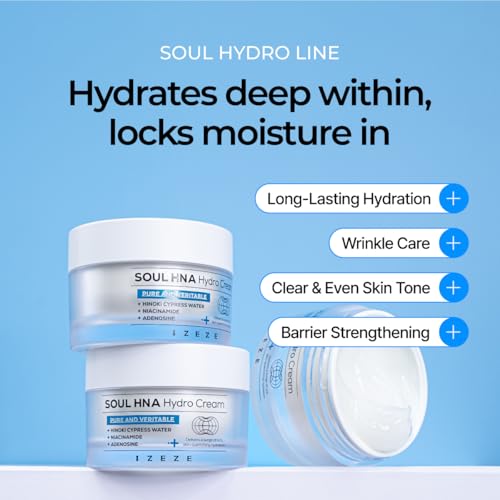 IZEZE Soul HNA Hydro Cream 1.69 fl.oz, 50 ml | Hyaluronic Acid Moisturizer Face Cream, Adenosine Facial Cream, Cypress Water, Korean Skincare for Dry Skin, Hydrating Cypress Extract
