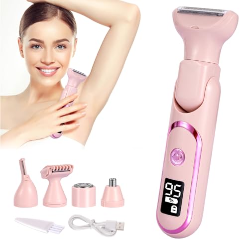 Bikini Trimmer for Women, 5 in 1 Rechargeable Electric Razors Waterproof Wet/Dry Use Body Hair Trimmer for Women & Men Pubic Hair, Private Area, Legs, Face, Nose, Eyebrow, Body (Pink)