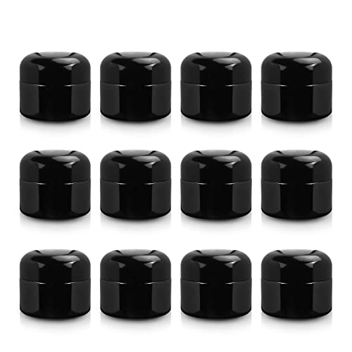 12 Pack 1oz Black Matte Glass Jars,Empty Round Storage Travel Containers with Black Dome Lid & Inner Liners,Refillable Cosmetic Vials for Ointments,Creams,Salve, Lotion-12 Spatulas