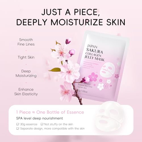 Collagen Face Mask Sheet, 10Pcs Sakura Deep Collagen Anti Wrinkle Lifting Mask, Deep Moisture, Shirnk Pore, Improves Rough Skin, Overnight Hydrogel Collagen Mask Reduce Fine Line, Firm Skin