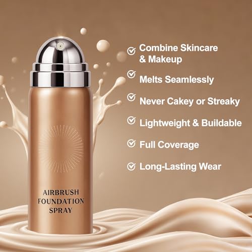 Erinde Airbrush Foundation Spray, Silk Airbrush Spray Foundation and Kabuki Brush, Flawless Coverage for Smooth Creamy Nude Finish, Blendable Long-Lasting Makeup Primer, 02# Beige