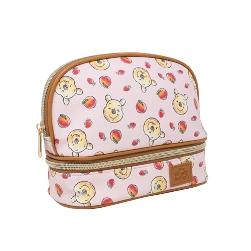 Impressions Vanity Winnie the Pooh Double Layer Makeup Bag with Top and Bottom Zippered Compartments, Winnie the Pooh Artwork Makeup Organizer with Faux Saffiano Leather, Gold Hardware Slip Pocket