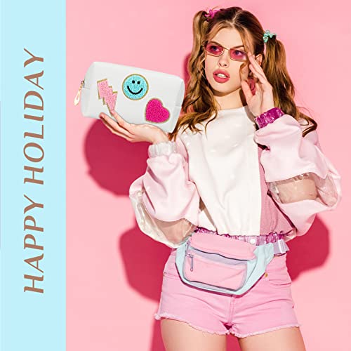 Sanwuta 12 Pcs Preppy Patch Makeup Bag Chenille Letters Cosmetic Bag PU Leather Preppy Organizer Small Smile Heart Toiletry Pouch Portable Waterproof Storage Purse Pouch for Women Adults