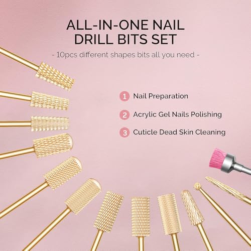 GLIX 13-Piece Professional Nail Drill Bits Set, Gold Tungsten Carbide E File Bits for Acrylic Nails & Gel Polish Removal, Ambidextrous Left/Right Hand Kit with 2XC Typhoon & Safety Cuticle Clean Bits