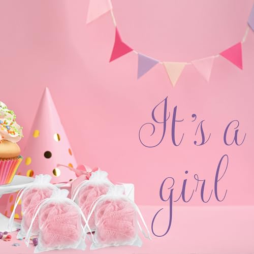 24 Sets Baby Shower Favors for Guests Include Bath Sponge Loofahs, Thank You Cards, White Organza Bags for Baptism Baby Shower Gender Reveal Birthday(Pink)