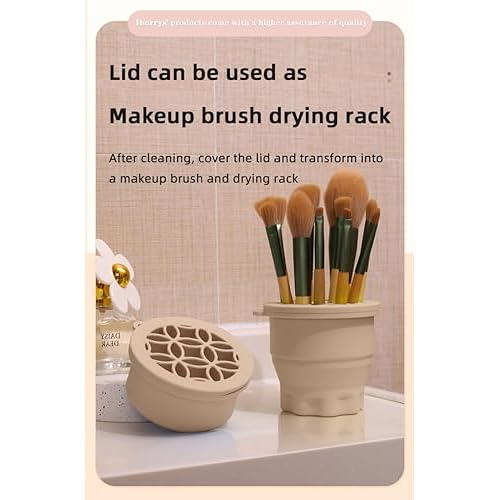 Makeup Brush Silicone Cleaning cup - Portable Foldable Silicone Makeup Brush Holder,Bottom-Embedded Makeup Brush Cleaning Mat & Makeup brush cleaner and dryer 2-in-1 Design (Khaki)