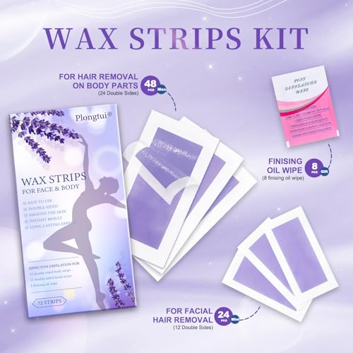 Wax Strips Hair Removal for Women: Waxing Kit with 72 Pcs Body Waxing Strips Dual Sides & 4 Calming Oil Wipe For Face, Bikini, Legs, Lip, Brazilian Wax Kit At Home, Hypoallergenic All Skin