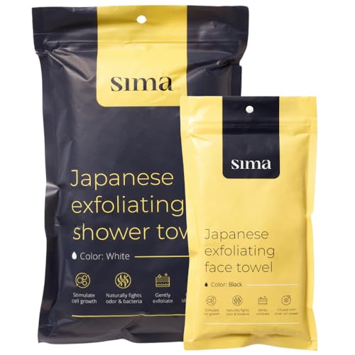 Sima - Bundle - Exfoliating Body Towel White + Japanese Exfoliating Face Towel with Hexagon Fibers, Body Scrubber with 2 Sides for Scrubbing & Washing