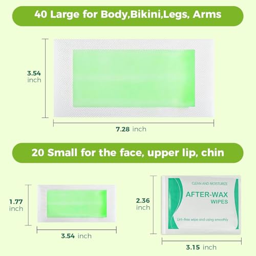 Body Wax Strips for Hair Removal: 60 Strips (40 Large, 20 Small) & 5 Oil Wipes ? Gentle & Fast for Body & Face ? Ideal for women& Men Home & Travel (1 pack)