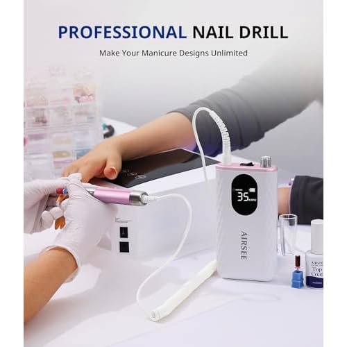 AIRSEE Updated Professional Nail Drill,Rechargeable Cordless Efile Machine for Acrylic Extension Gel Dip Powder Powerful Portable Efile 56 Sanding Bands 7 Bits,Low Noise Low Heat,G7 Pink