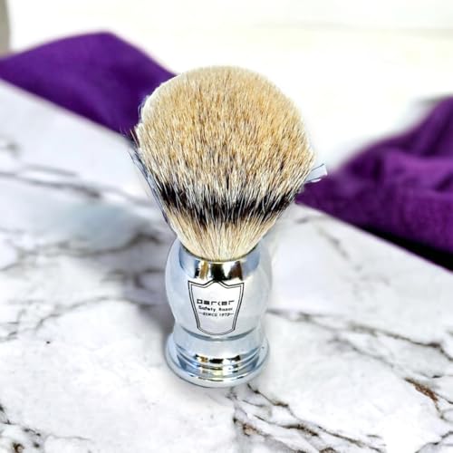 Parker 100% SILVERTIP Badger Shaving Brush ? Chrome Handle & Stand ? Premium 3-Band Badger Bristles for Smooth, Luxurious Lather