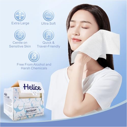Helice Face Towels, 10"¡¿12" Disposable Face Towel, Face Towelettes XL, Ultra Soft Makeup Remover Dry Wipes, Thick Face Towel for Sensitive Skin, 50 Count (1 Pack)
