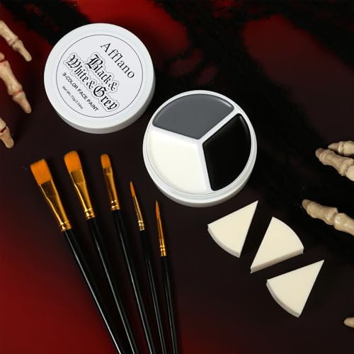 Black White Gray Face Paint Palette ? Oil-Based Grease Makeup 3-in-1 Jar with 5 Brushes & 3 Sponges ? Waterproof, Sweat-Proof, Easy On & Off SFX Makeup for Halloween, Cosplay, Gothic & Stage Looksy