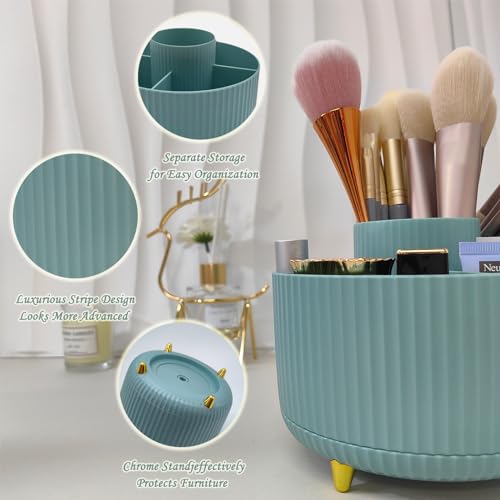 360 Rotating Makeup Brush Holder, Makeup Desk Organizer with 5 Slots Cosmetic Brushes Storage,Makeup Organizer for Vanity, Bedroom Decor, Bathroom Organizer (Blue)