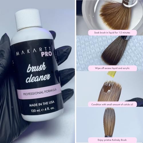 MakarttPro Brush Cleaner and Acrylic Kolinsky Brush Bundle - Size #8, Professional 100% Kolinsky Hair Acrylic Nail Brush with Acetone-Free Cleaner for Perfect Bead Control and Easy Maintenance