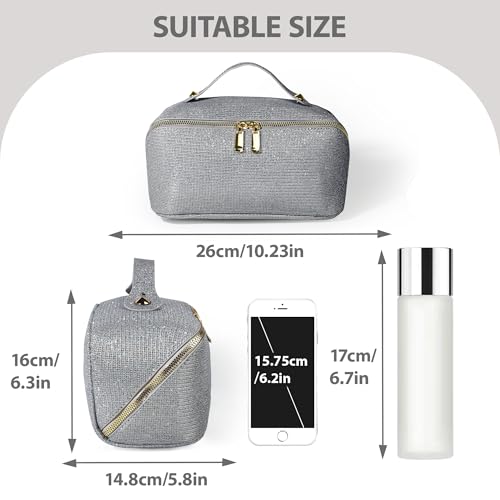 Large Capacity Travel Cosmetic Bag - Portable Makeup Bags for Women Waterproof Makeup Organizer Bags with Dividers and Handle,Toiletry Bag for Cosmetics Silver