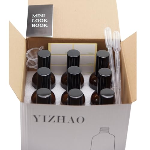 YIZHAO Black Glass Spray Bottles 4oz, with Small Fine Mist Spray, Metal Cap, Refillable for Essential Oil,Travel,Cleaning,Perfume,Aromatherapy,Makeup ? 9 Pcs