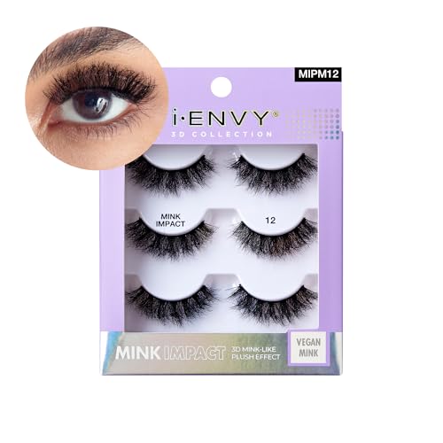 I-Envy 3-in-1 MinkImpact Multipack, 100% 3D Mink-Like Vegan Lashes, Soft, Natural, Fluffy & Lush, Clear Undetectable Band, Lightweight & Comfortable (12)