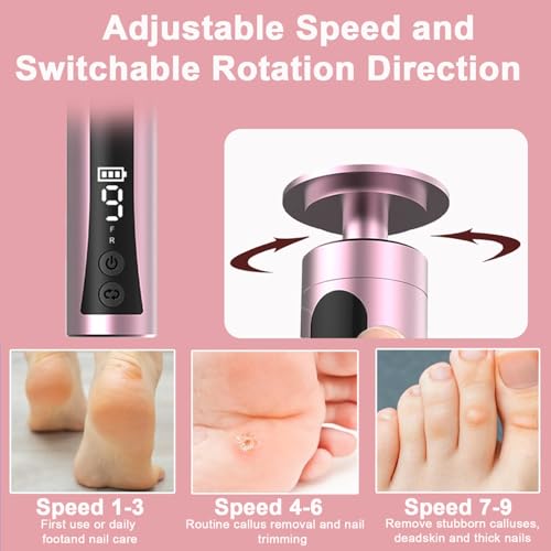 2 in 1 Electric Foot Callus Remover - with Nail Drill File, Aluminum Alloy, 11000RPM, 9 Speeds, with Digital Display, 10 Grinding Heads & 20pcs Sandpaper Discs,Cordless Rechargeable (Pink)