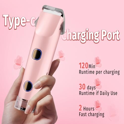 2-in-1 Bikini Trimmer for Women, Bikini Shaver with Dual Heads, Body and Facial Hair Removal, Cordless Rechargeable Electric Razors for Face Chin Pubic Underarm Legs, IPX7 Waterproof, Pink