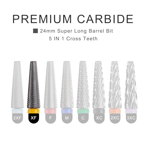 2Pcs Super Long 5 in 1 Nail Drill Bits, 24mm Cross Tapered Carbide Bit, 3/32" Two-way Drill Bits for Nails, Electric File Manicure Drills Accessories(2XF+XF)
