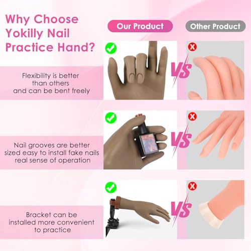 Yokilly Practice Hand for Acrylic Nails, Bendable Soft Nail Practice Hand, Flexible Plastic Nail Hand Practice, Fake Mannequin Training Hand for Nails Practice (with Clamp Holder) / Black