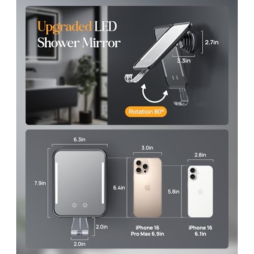 Gospire Heated Shower Mirror Fogless for Shaving with Light, Rechargeable Battery and Adjustable Brightness, Suction Cup and Razor Holder, Removable & NO-Drilling, Waterproof for Bathroom (Black)
