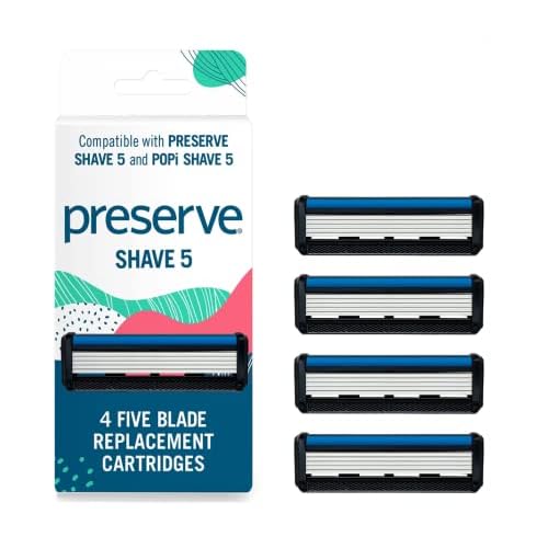 Preserve Shave 5 Five Blade Refillable Razor, Made from Recycled Materials, Poppy Red, with 4 Count Wave Replacement Cartridges for Unisex Use