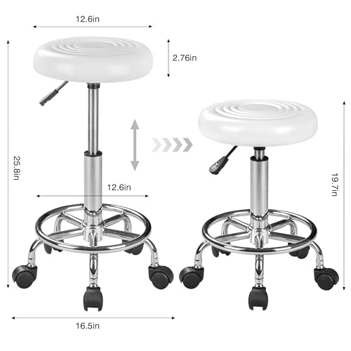 VECELO Hydraulic Salon Stool with Wheels, Height Adjustable PU Leather Swivel Seat, 300 lb Capacity (White)