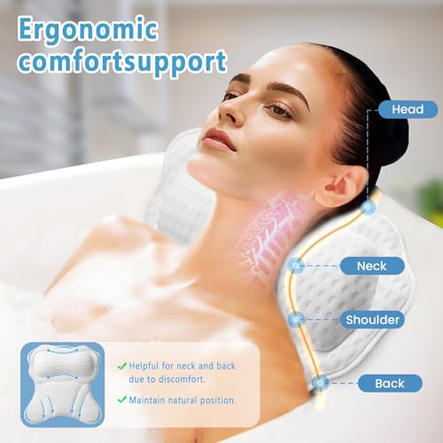 Luxury Bath Pillow for Tub - 4D Air Mesh Head/Neck/Back Support with 6 Non-Slip Suction Cups