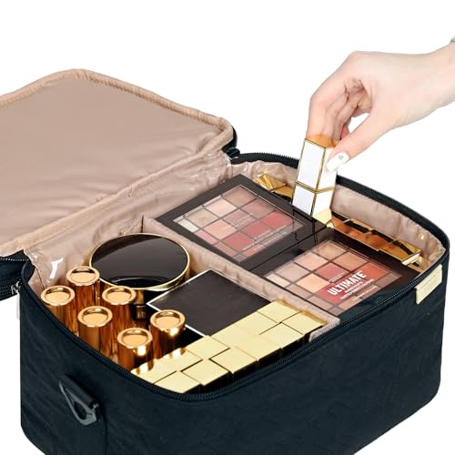 NISHEL Extra Large Double Layer Travel Makeup Bag Women, Cosmetic Organizer Case, Essentials Accessories with Shoulder Strap for Bottles, Brushes, Conditioner, Skin Care Products, Black